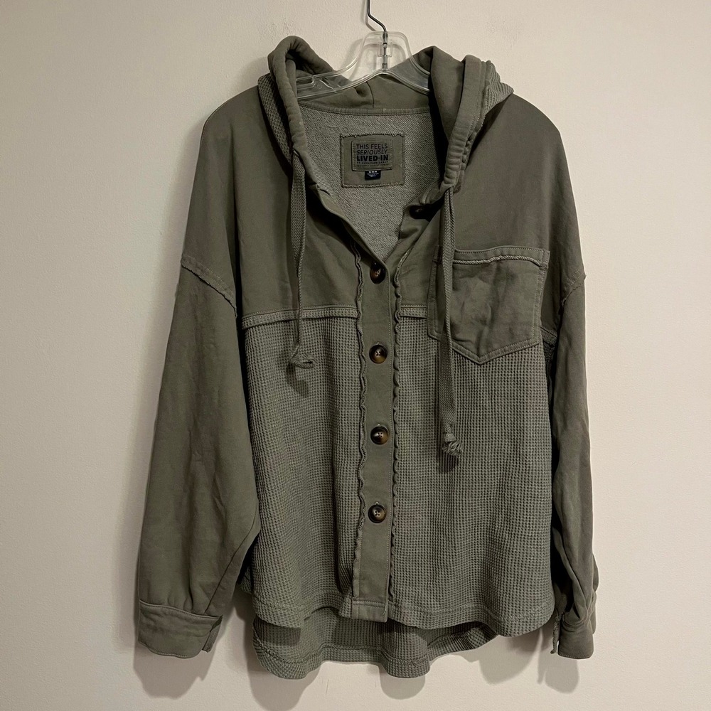 American Eagle Big Hug Shacket Hoodie Thermal Waffle Olive Green Medium